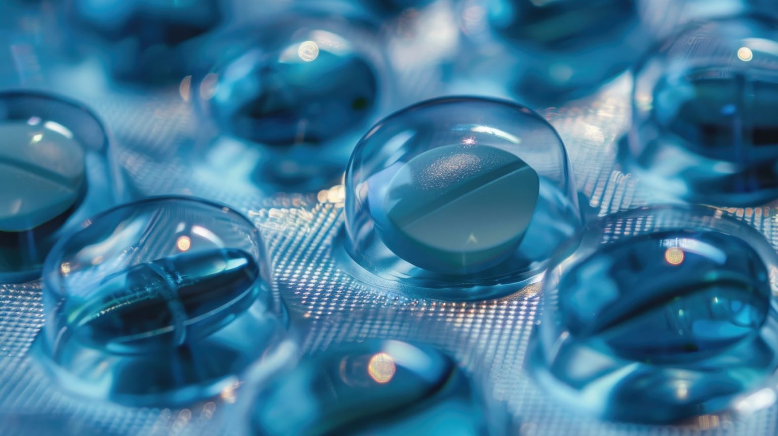 A detailed view of multiple blue pills, often used as a metaphor for choice or decision.